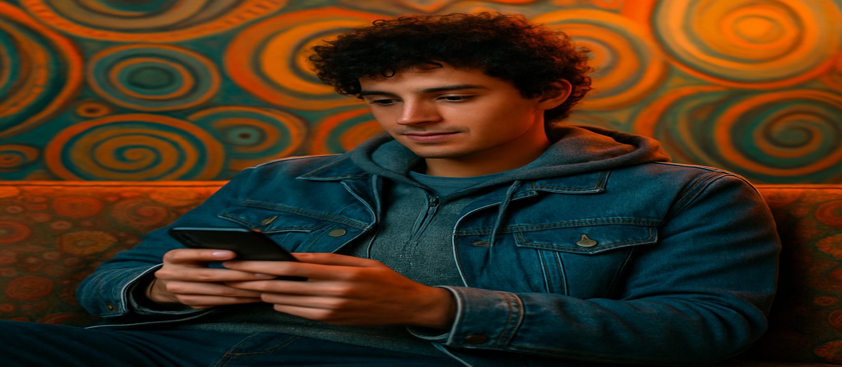 একজন ব্যক্তি সোফায় আরাম করে স্মার্টফোনে 9999 game অ্যাপটি ব্যবহার করছেন