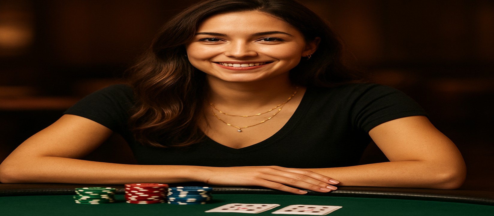 9999 game এ কার্ড টেবিলে বসে হাসিখুশি এক নারী পরিবেশক সামনে চিপ ও কার্ড রেখে বিস্তৃত খেলার নির্বাচন উপস্থাপন করেন