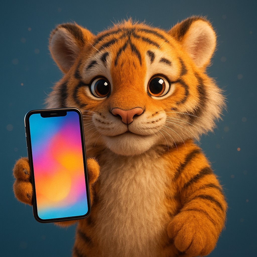 স্মার্টফোনে 9999 game অ্যাপটি চালাচ্ছে একটি কার্টুন বাঘশাবক