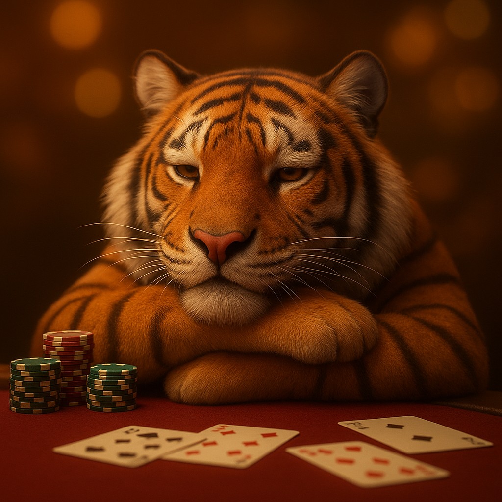 9999 game গেমিং প্ল্যাটফর্মে একটি হাসিখুশি টাইগার শাবক একটি বিনোদনমূলক খেলার টেবিলে চিপস হাতে নিয়ে বসে আছে